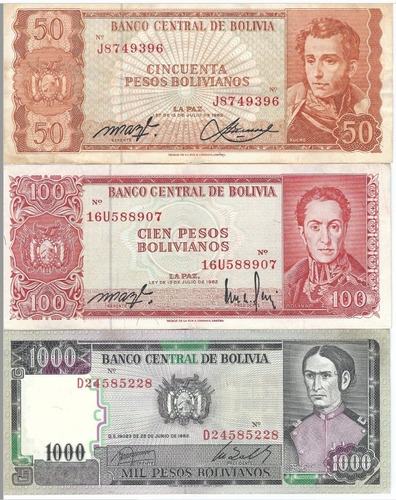 Bolivia - 3 Billetes Diferentes 50 100 1000 Bolivianos