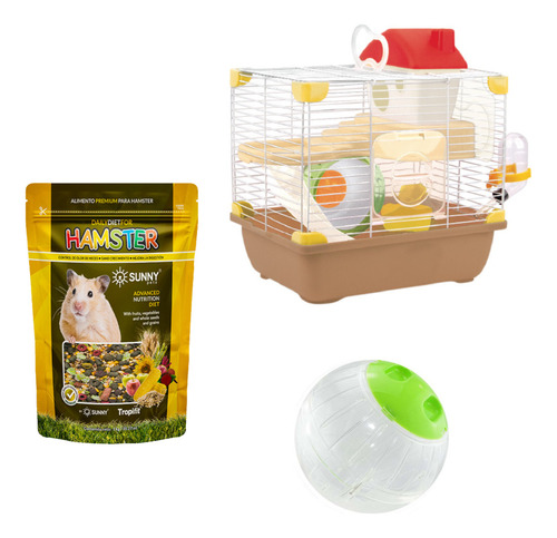 Kit Hamster: Jaula Para Hamster + Esfera + Alimento 500 Grs Color Marrón Claro