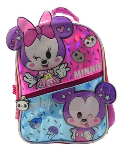 Mochila Escolar Mickey Mouse Y Minnie Infantil Color Rosa Diseño de la tela Liso