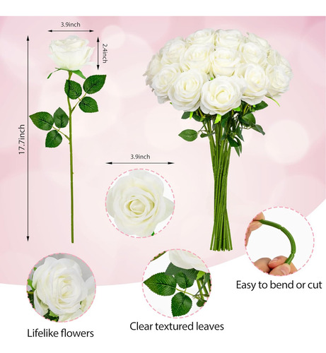 Ramo De 18 Rosas Blancas Artificiales De Seda Con Tallos Lar