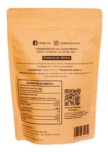 Imagen 3 de 4 de Cacao En Polvo Orgánico (250 Gramos) Verde Soy