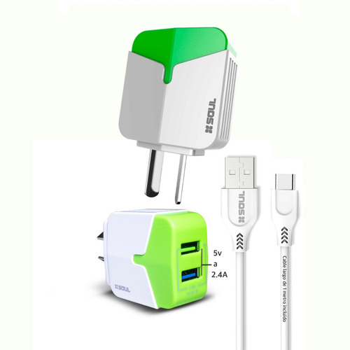Cargador Rapido Doble Usb 2.4 Ampers + Cable Para iPhone Color Verde
