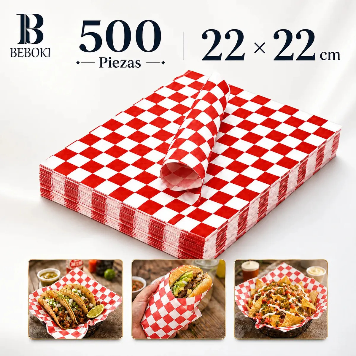 Papel Encerado Y Resistente A La Grasa BEBOKI Grado Alimenticio 500 Hojas 22x22cm Antiadherente Impermeable A Prueba De Aceite Cuadros Rojo Y Blanco Para Sándwiches Hamburguesas Pa