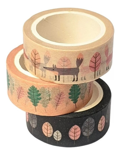 Washi Tape Papel Deco Hojas - 3 Cintas De 15mm X 5 Metros