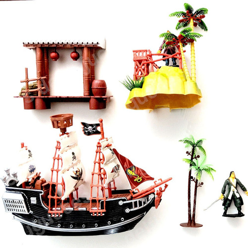 Barco Pirata Con Figuras Y Accesorios + Isla + Palmera