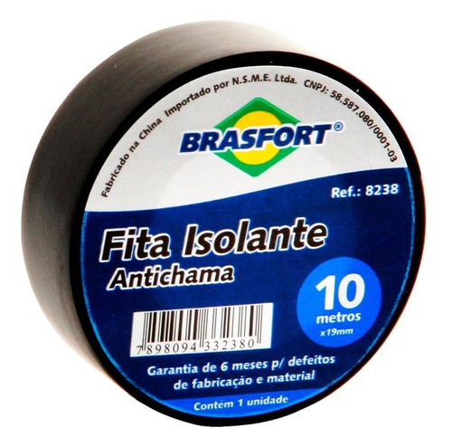 Fita Isolante Brasfort 10m X 19mm Preta   8238 - Kit C/10