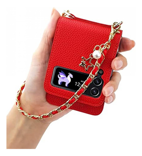 Funda Para Galaxy Z Flip 4 C/cadena Card Holder Cuero Rojo