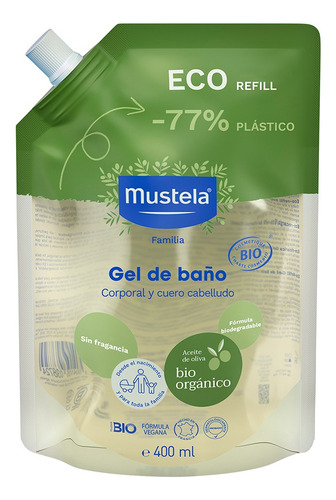 Mustela Bio Orgánico, Gel De Baño Cara Cuerpo, Refill 400ml