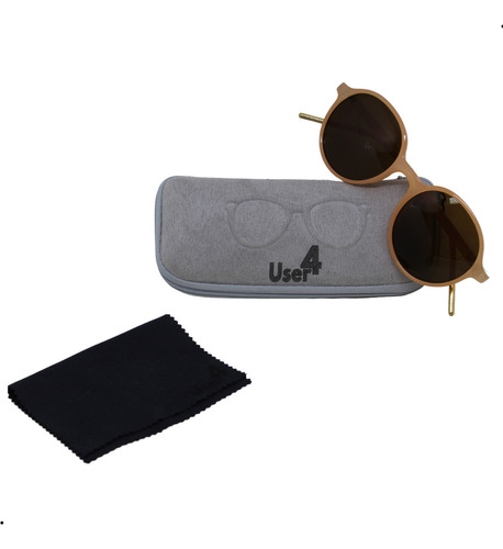 Óculos De Sol Redondo User4 Bege com Ponteira Dourada Lente Cinza Degrade Fator de Proteção Uv400 + Case De Proteção + Flanela de Limpeza