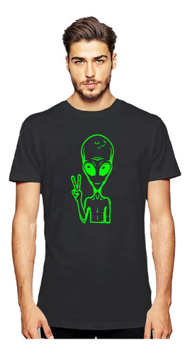 Polera Alien Dedos Paz Verde Fluor Extraterreste Ufo