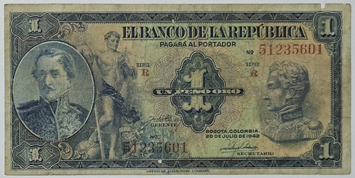 Billete 1 Peso 20/jul/1942 Colombia Fine