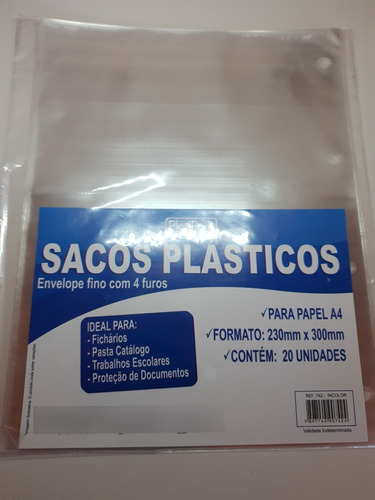 Envelope Plastico Com 4 Furos A4 0,10mm 20 Folhas Plastpark