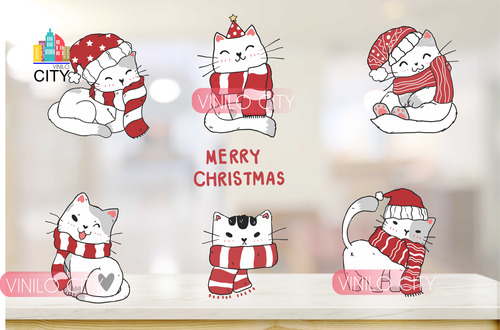 6 Gatitos Decorativos Navidad En Vinil Adhesivo 