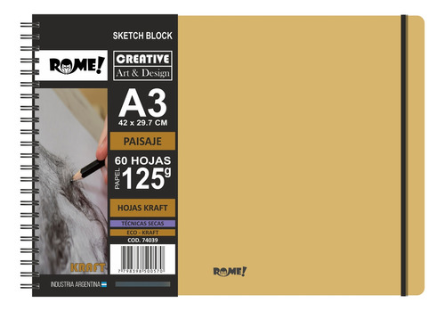 Block Cuaderno Boceto Rome A3 Horizontal Eco Kraft 60h 125gr