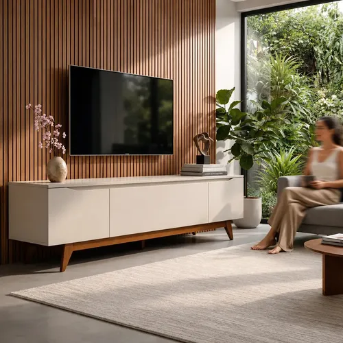 Rack Para TV ​85 Pol Flynt 219cm 3 Portas Off White e Natural