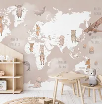 Comprar Mapa Infantil De Vinilo Mural Mundo Animales Cuarto Infantil