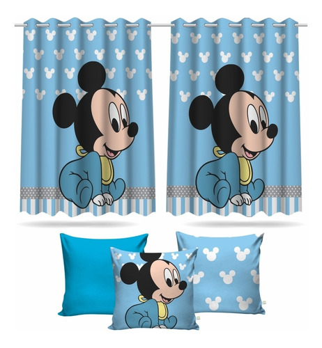 Imagem 1 de 9 de Kit Cortina Infantil Quarto Mickey Baby + 3 Capas Almofada