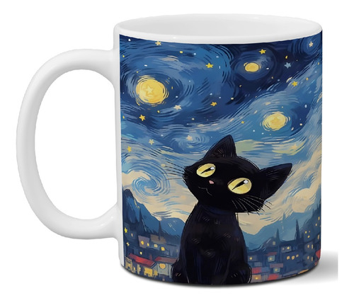 Taza De Cerámica Gato Negro Noche Estrellada Art Gn 78