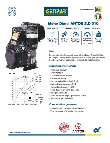 Imagen 2 de 3 de Motor Diesel Genpar Antor 3ld510 12 Hp Drop