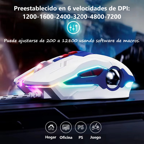 Mouse Inphic W9p Blanco Ergonómico Silencioso Con Cable 7 Botones Gamer 4 Niveles De Dpi Y Luminiscencia Alambrico Para Portátiles Y Ordenadores De Sobremesa