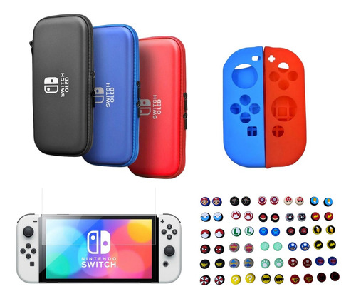 Estuche + Siliconas Joycon + Vidrio + 2 Grips Switch Oled