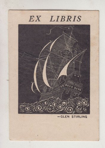 Antiguo Ex Libris Por Glen Stirling Barco Vintage Book Plate