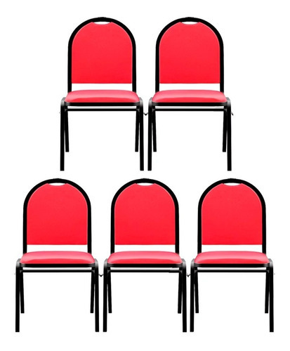 Kit 5 Cadeiras Hoteleira Auditório Empilhável Fixa Vermelho