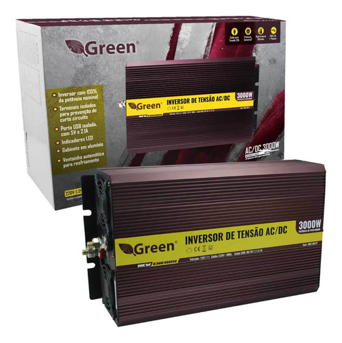 Green 002-0012 Inversor De Tensão 3000w 12v Para 220v Com Tomada E Usb