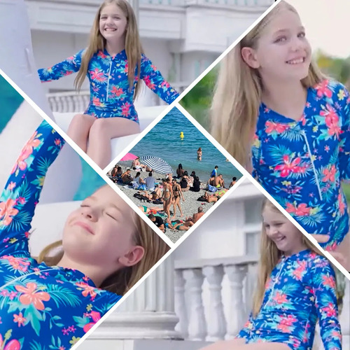 Traje De Baño Niñas Manga Larga Estampado Uv Playa