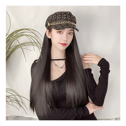 . Peluca Larga Y Recta For Mujer Con Gorra Negra