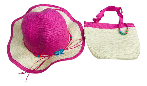 Kit Infantil Praia Piscina Chapéu E Bolsa De Palha Rosa Pink