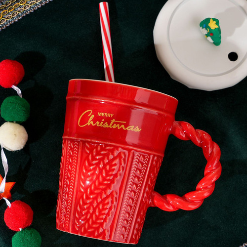 Taza De Navidad Con Tapa De Pajita, Tazas De Cerámica