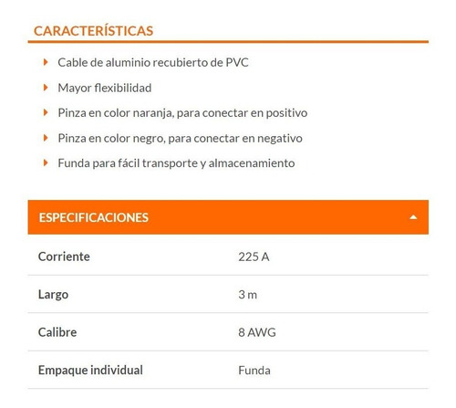 Cables Pasa Corriente Calibre 8 Awg, 3 Metros Largo - Truper
