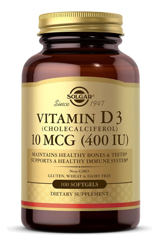 Vitamina D3 400 Iu 100 Cáps Solgar Huesos Dientes Saludables
