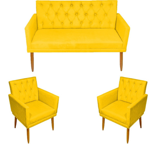 Kit Namoradeira + 2 Poltronas Decorativas Capitonê Com Base Cor Amarelo Desenho do tecido Suede Liso