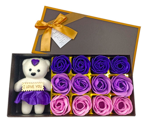 Caja De Para Novia O Mamá Con Oso Y Rosas Aromáticas Color Violeta