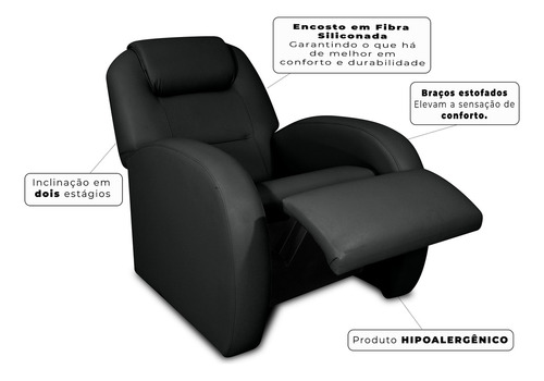 Poltrona Civic Com Encosto Reclinável Para Sala De Estar Do Papai Cor Preto