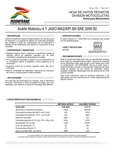 Aceite Para Moto 4t 20w-50 Mineral Roshfrans Motonic 950ml