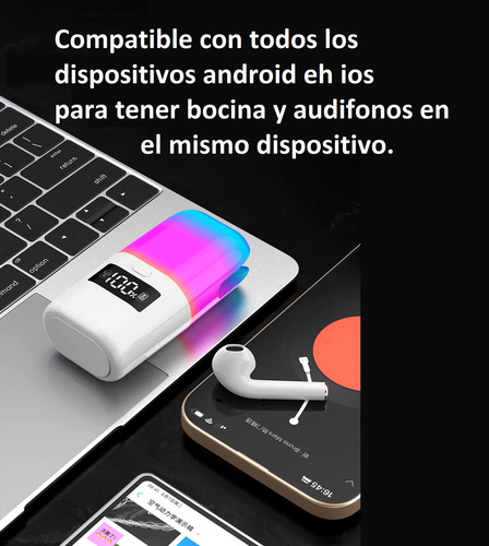 Audífonos Inalámbricos Y Mini Bocina Portátil Bluetooth 2 En 1 Audífonos Blancos Con Botones Táctil Bocina Con Luces Led Para Espectáculo De Colores