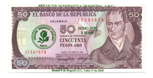 50 Pesos 1986 Billete Resellado En El Año 2000
