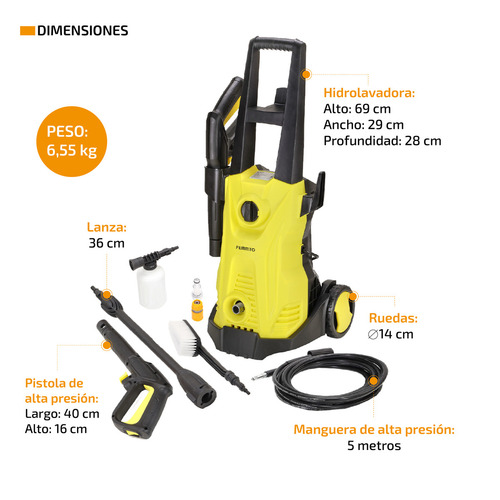 Imagen 3 de 9 de Hidrolavadora Eléctrica Femmto Alta Presion 1800w + Cepillo Color Amarillo y Negro Frecuencia 50 Hz