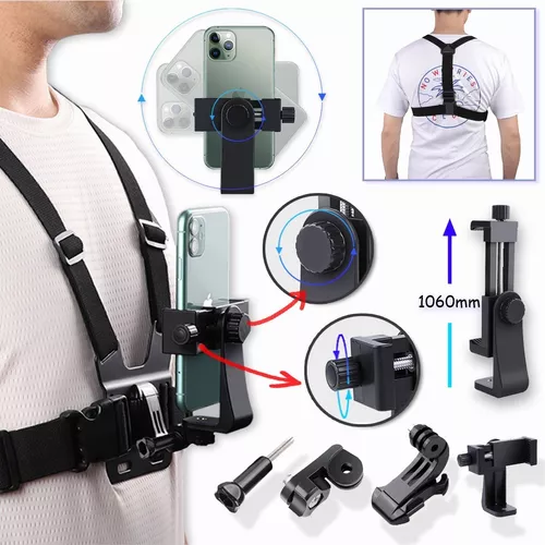 Arnés de montaje en el pecho, soporte de cuerpo compatible con cámara  deportiva, teléfono celular, soporte de clip ajustable para teléfono con  correa