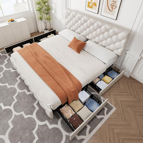 Base De Cama Idealhouse King Size Tapizada En Lino White