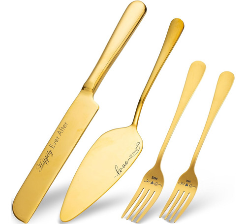 Set Pala Y Cuchillo Boda Dorado Pastel Grabados Con Tenedor