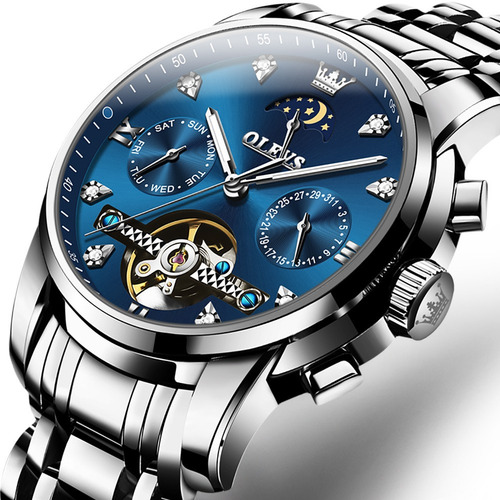 Relojes Mecánicos Olevs Tourbillon Chronograph Color Del Fondo Silver/blue