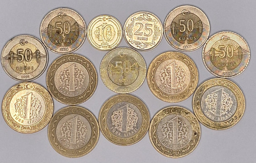 14 Moedas Turquia - 10 / 25 / 50 Kurus E 1 Lira Bimetálica (Usado)
