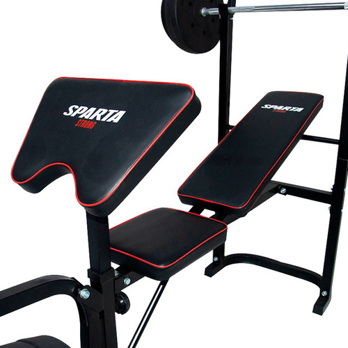 SPARTA, banco para ejercicios multifuncion, Barra Y Discos integrados de 55kg, estacion de fuerza BANSPA0001
