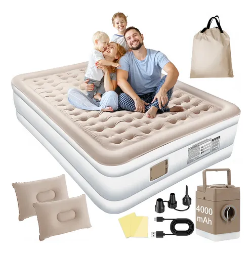 Colchão Inflável Casal Queen Com 2 Travesseiro +bomba Bivolt Cáqui