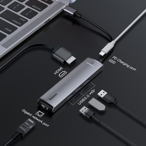 Imagen 2 de 10 de Hub Adaptador Hdmi / Usb 3.0 / Red Rj45/ Usb-c / Baseus Caba