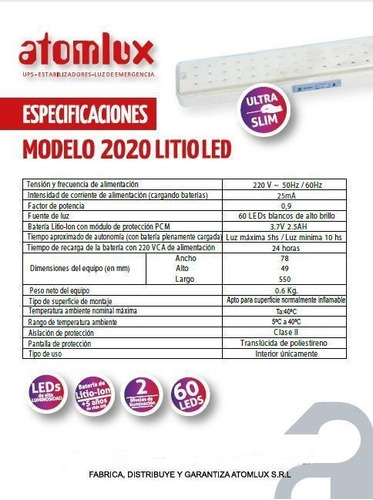Imagen 8 de 9 de Luz De Emergencia Atomlux 2020 Slim Bateria Litio 60 Leds